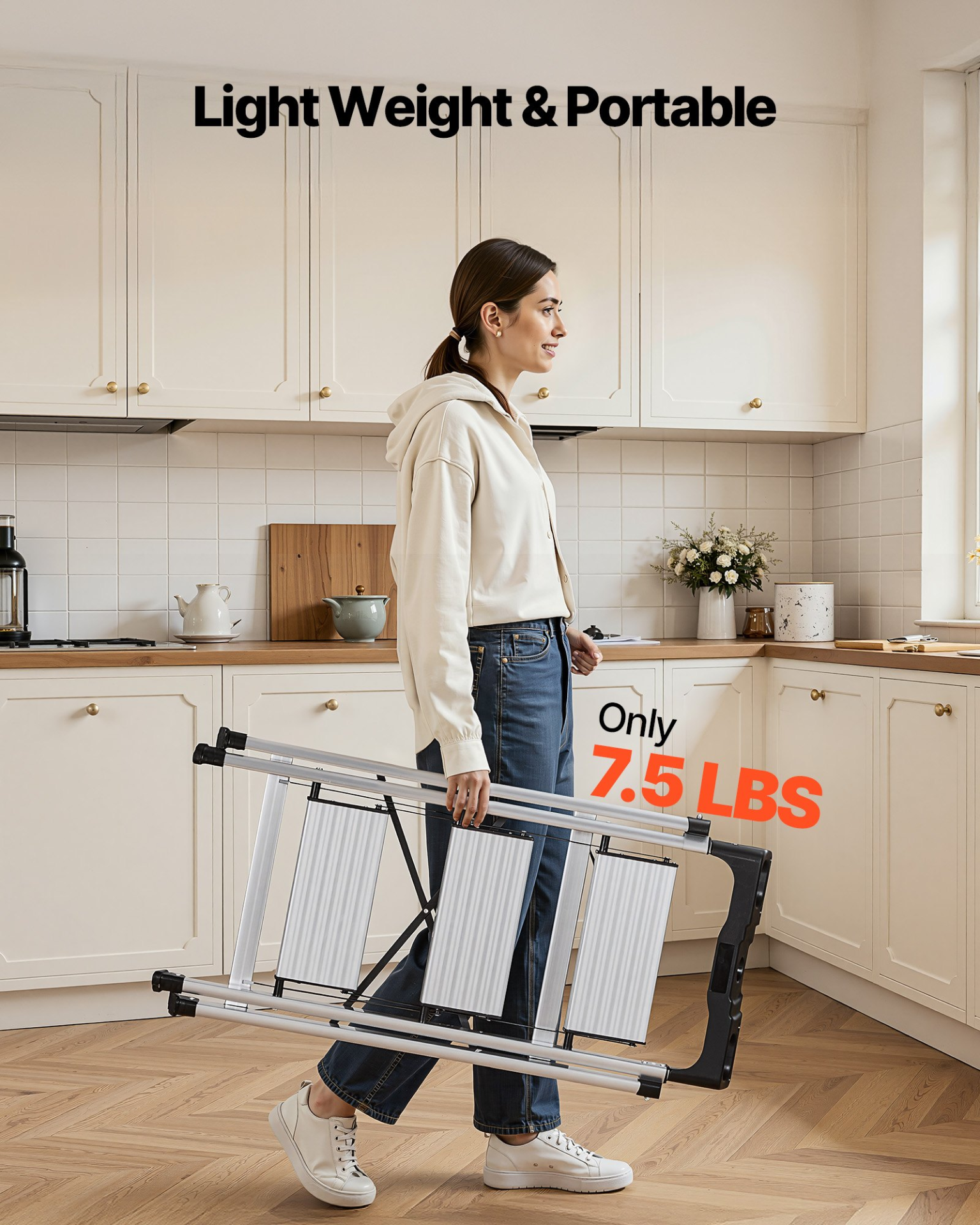 Start2Finish VEVOR 3-step aluminum ladder with anti-slip pedals, comfort handgrip, portable design, ideal for household, kitchen, or warehouse.