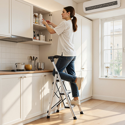 Start2Finish VEVOR 3-step aluminum folding ladder with wide anti-slip pedals and comfort handgrip, silver portable step stool.