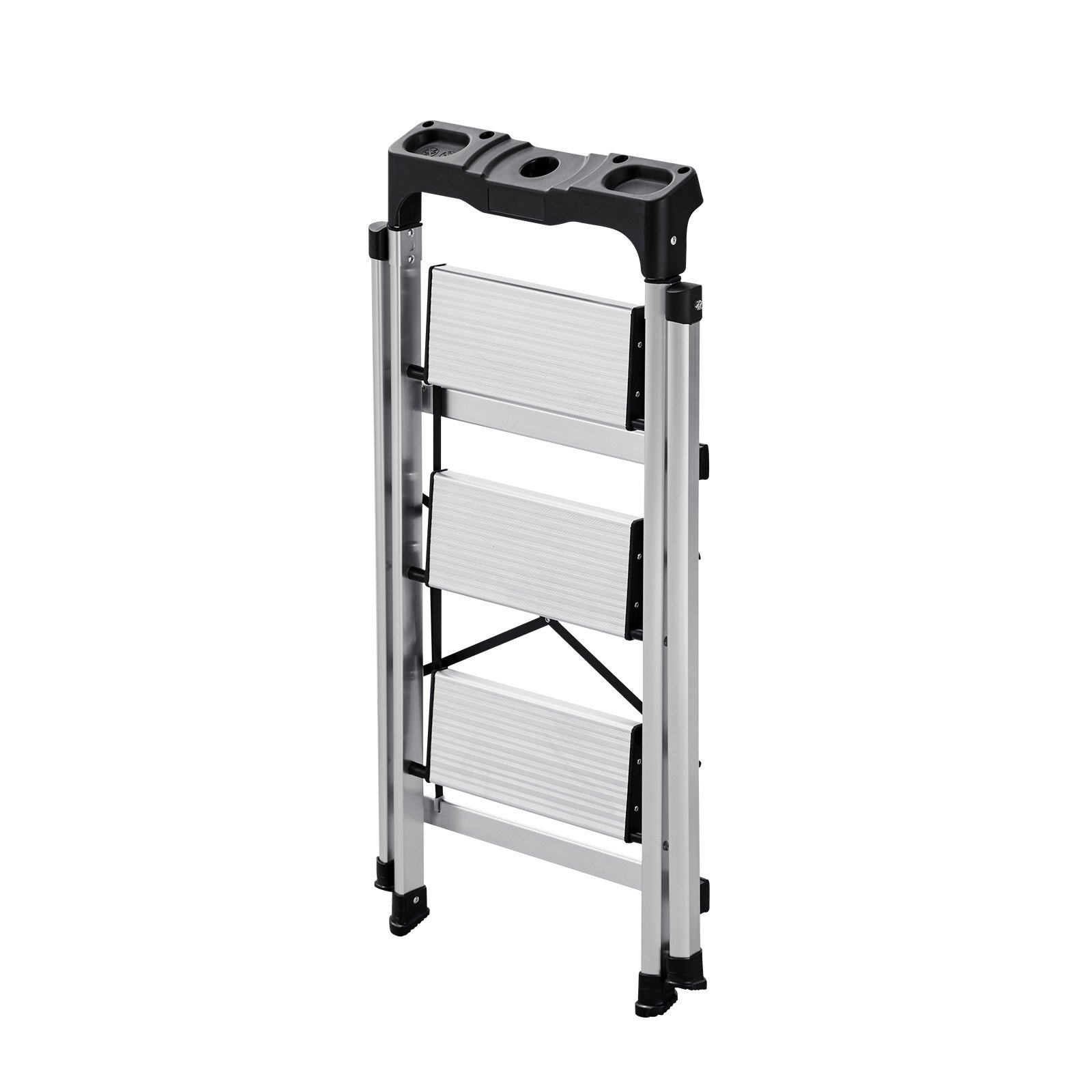 Start2Finish VEVOR 3-step folding aluminum ladder with anti-slip pedals and comfort handgrip, silver portable step stool for various uses.