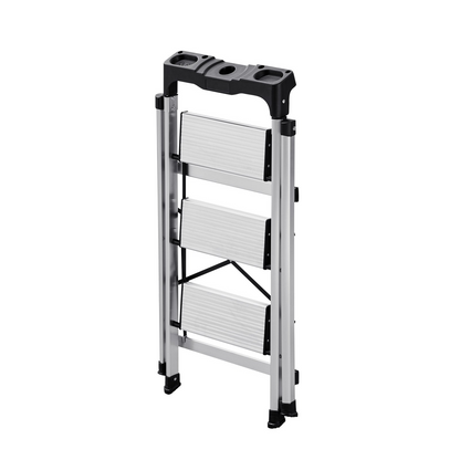 Start2Finish VEVOR 3-step folding aluminum ladder with anti-slip pedals and comfort handgrip, silver portable step stool for various uses.