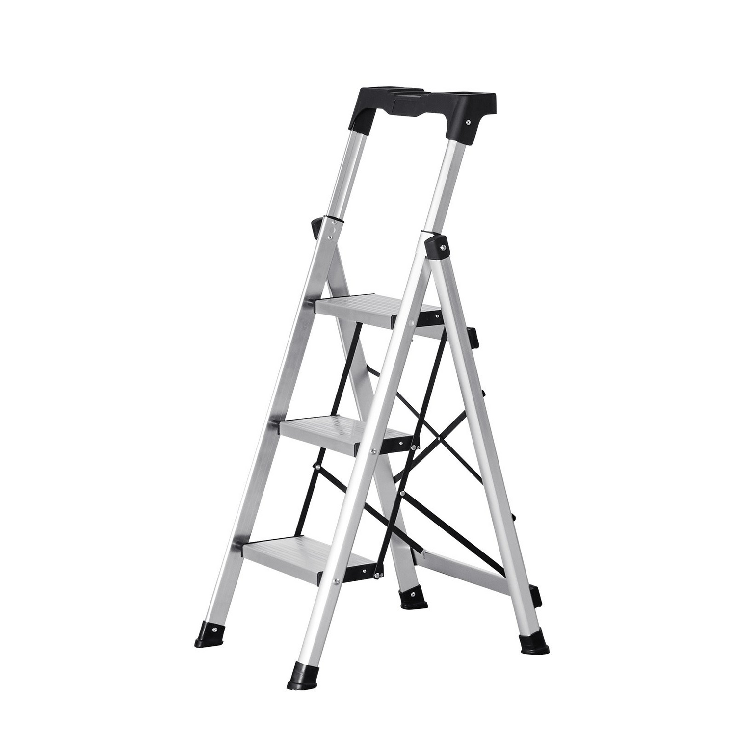 Start2Finish VEVOR 3-step aluminum ladder with wide anti-slip pedals and comfort handle, silver folding step stool for versatile use