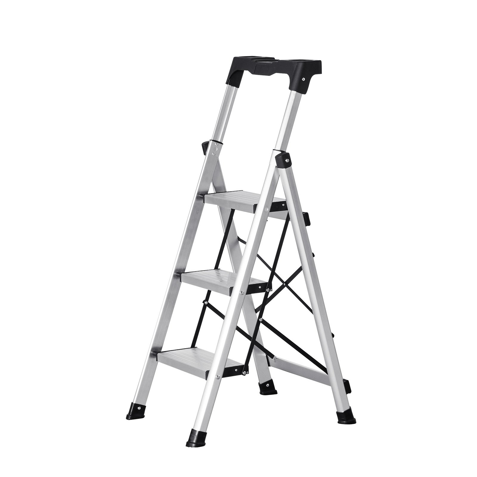 Start2Finish VEVOR 3-step aluminum ladder with wide anti-slip pedals and comfort handle, silver folding step stool for versatile use