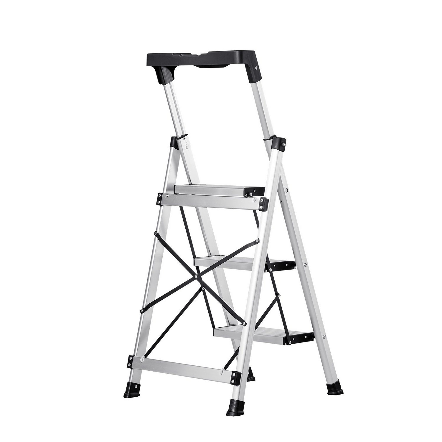 Start2Finish VEVOR 3-step aluminum ladder with wide anti-slip pedals and comfort handgrip, silver folding step stool for home and work.