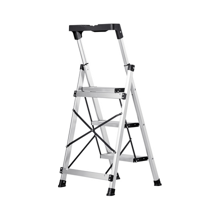 Start2Finish VEVOR 3-step aluminum ladder with wide anti-slip pedals and comfort handgrip, silver folding step stool for home and work.