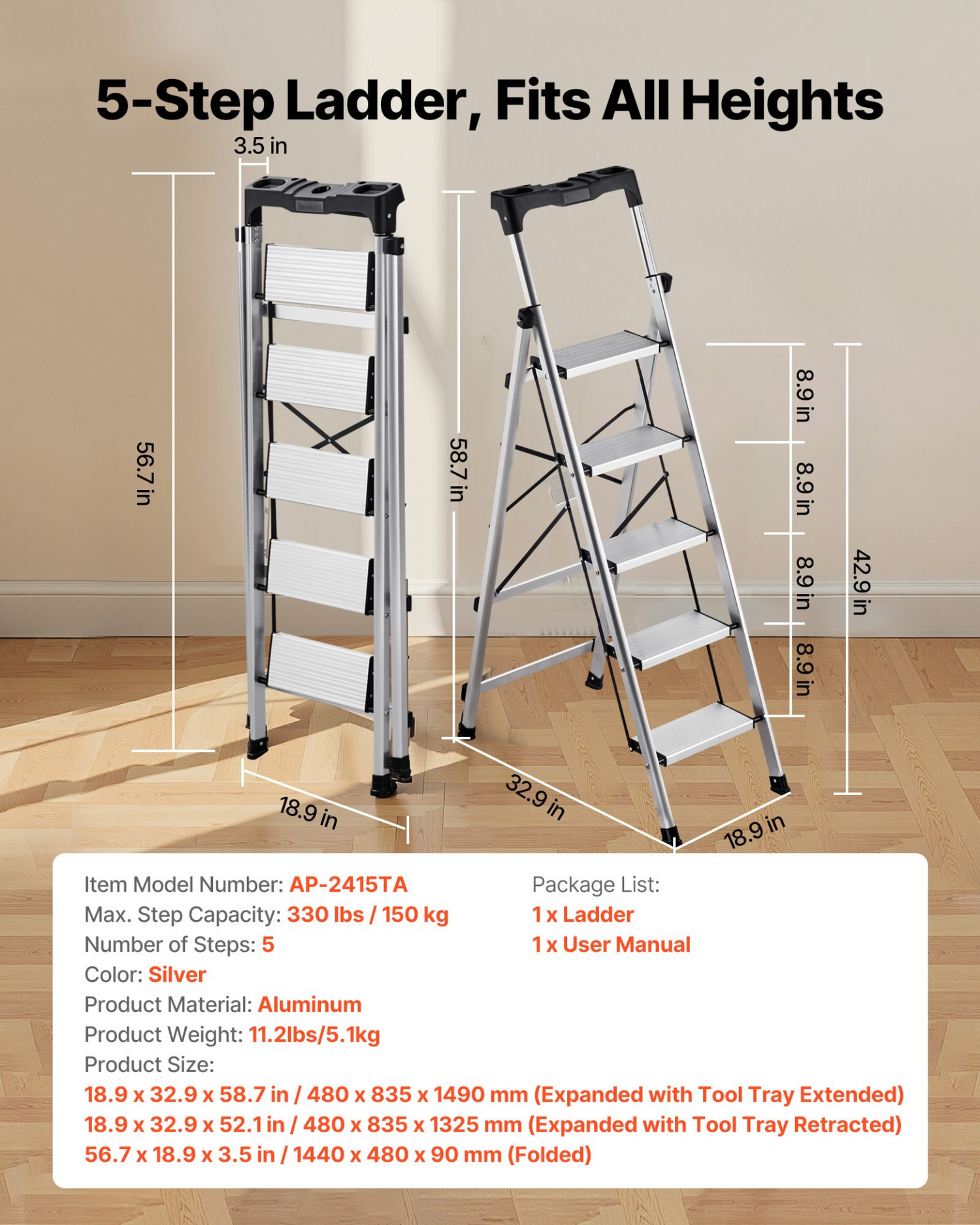 Start2Finish VEVOR 5-step aluminum folding ladder with wide anti-slip pedals and comfort handgrip in silver for household and workplace use.