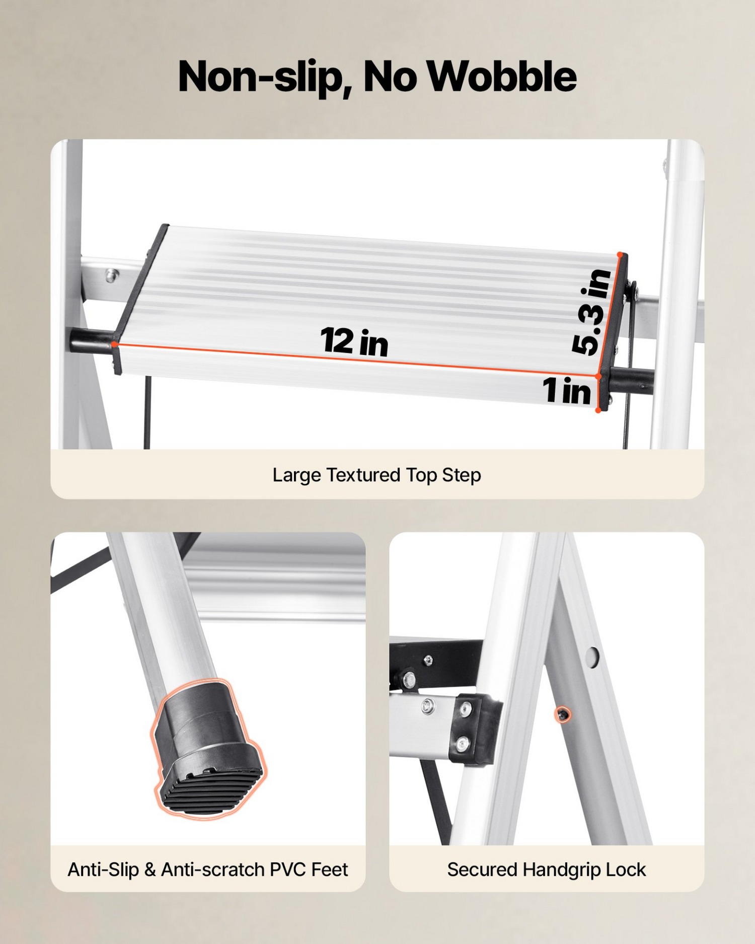 Start2Finish VEVOR 5-step aluminum folding ladder with anti-slip pedals and comfort handgrip, ideal for kitchen, warehouse, and household tasks.