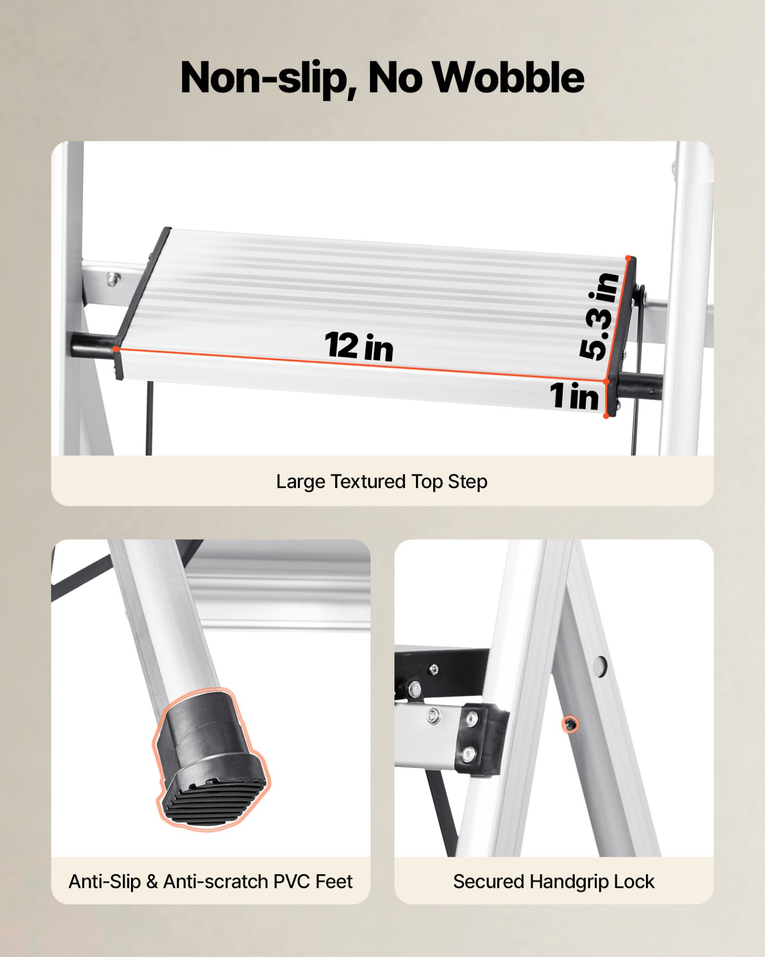 Start2Finish VEVOR 5-step aluminum folding ladder with anti-slip pedals and comfort handgrip, ideal for kitchen, warehouse, and household tasks.