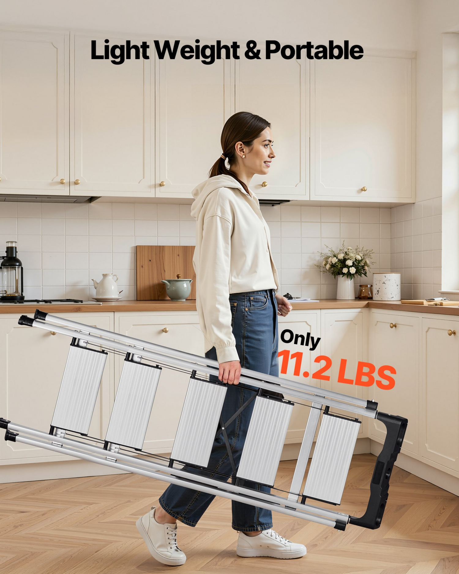 Start2Finish VEVOR 5-step aluminum ladder with wide anti-slip pedals and comfort handgrip, suitable for kitchen, warehouse, or household use.