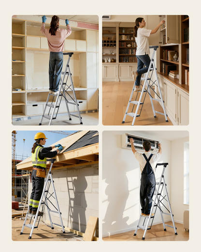 Start2Finish VEVOR 5-step aluminum folding ladder with anti-slip pedals and handgrip, suitable for kitchen, warehouse, and household use.