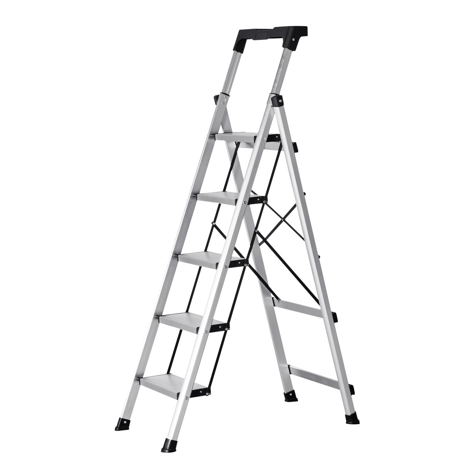 Start2Finish VEVOR 5 step aluminum ladder with anti-slip pedals, comfort handgrip, silver portable stepladder for home and workplace.
