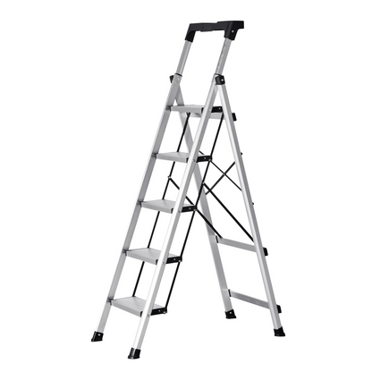 Start2Finish VEVOR 5 step aluminum ladder with anti-slip pedals, comfort handgrip, silver portable stepladder for home and workplace.