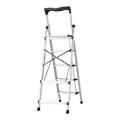 Start2Finish VEVOR 5 Step Aluminum Ladder with anti-slip pedals, comfort handgrip, and 330 lbs capacity for household, kitchen, or warehouse use.