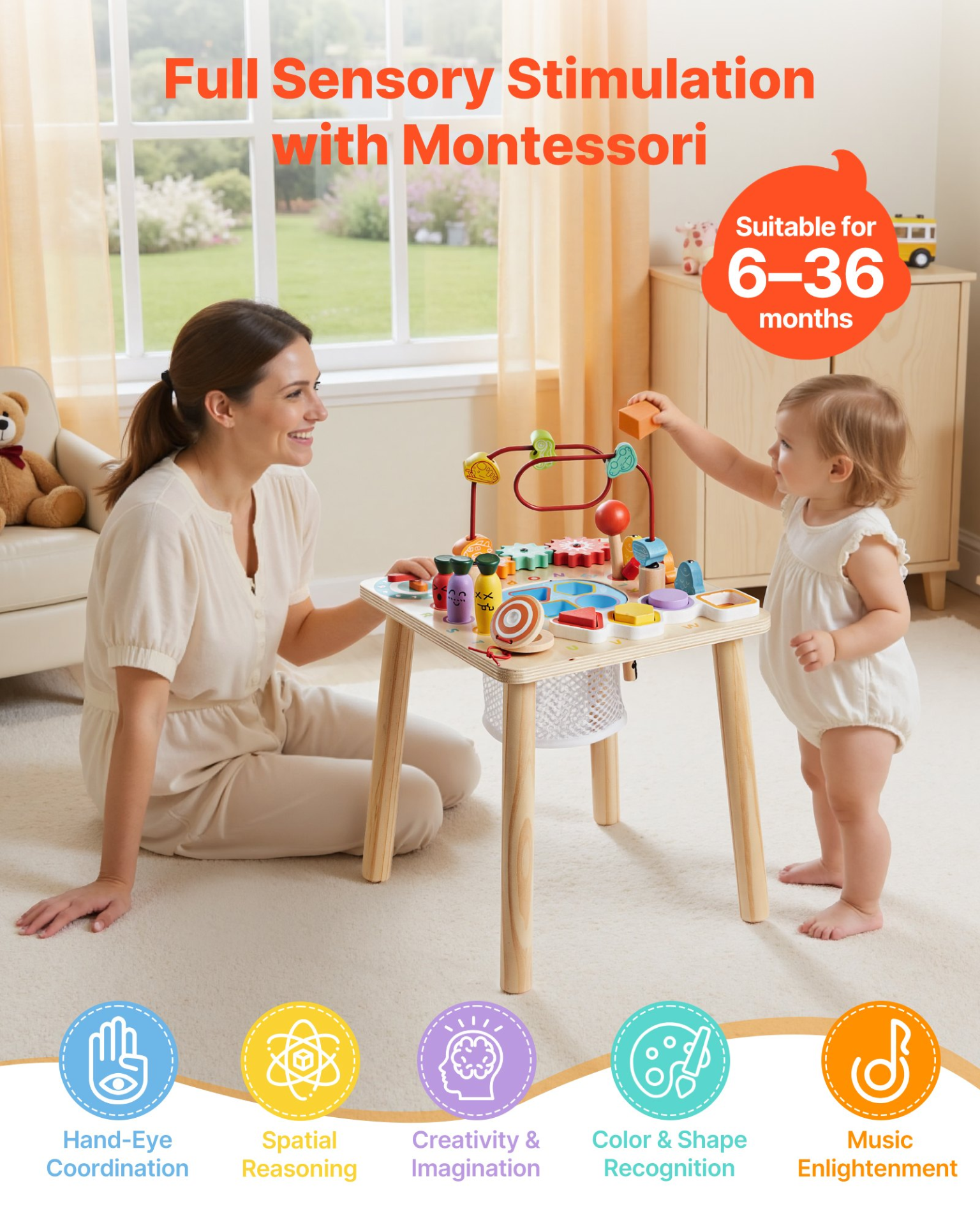 Start2Finish VEVOR Montessori activity table for toddlers, wooden 8-in-1 play desk for children 6+ months, educational toy for kids.