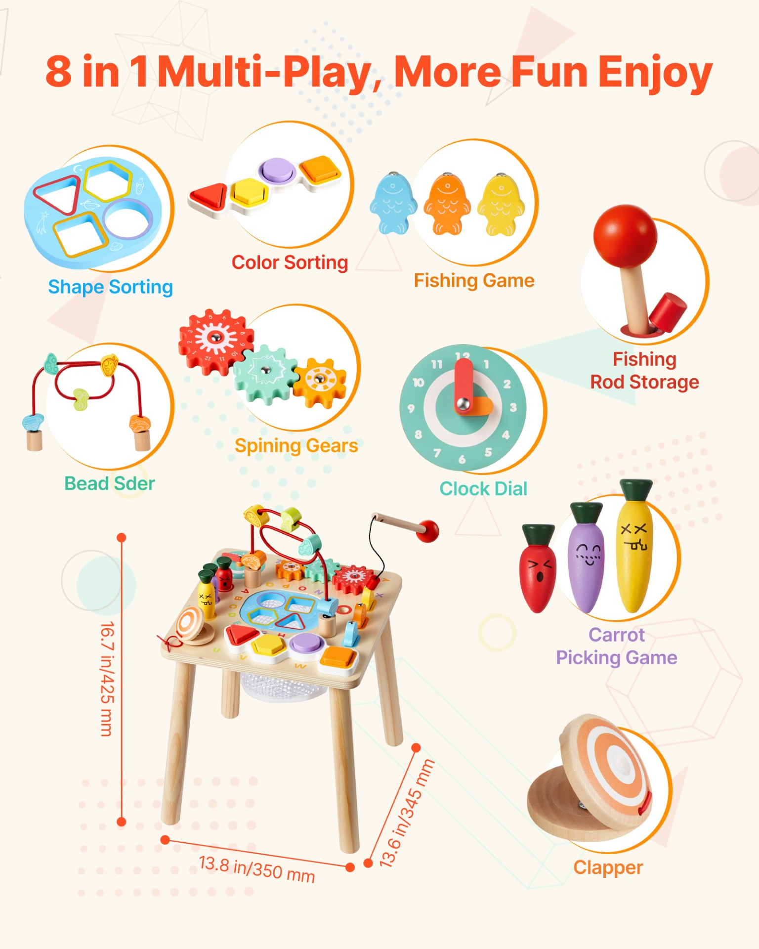 Start2Finish Montessori activity table for toddlers, wooden 8-in-1 learning desk for children 6 months and up.