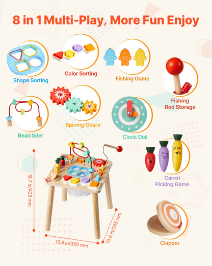 Start2Finish Montessori activity table for toddlers, wooden 8-in-1 learning desk for children 6 months and up.