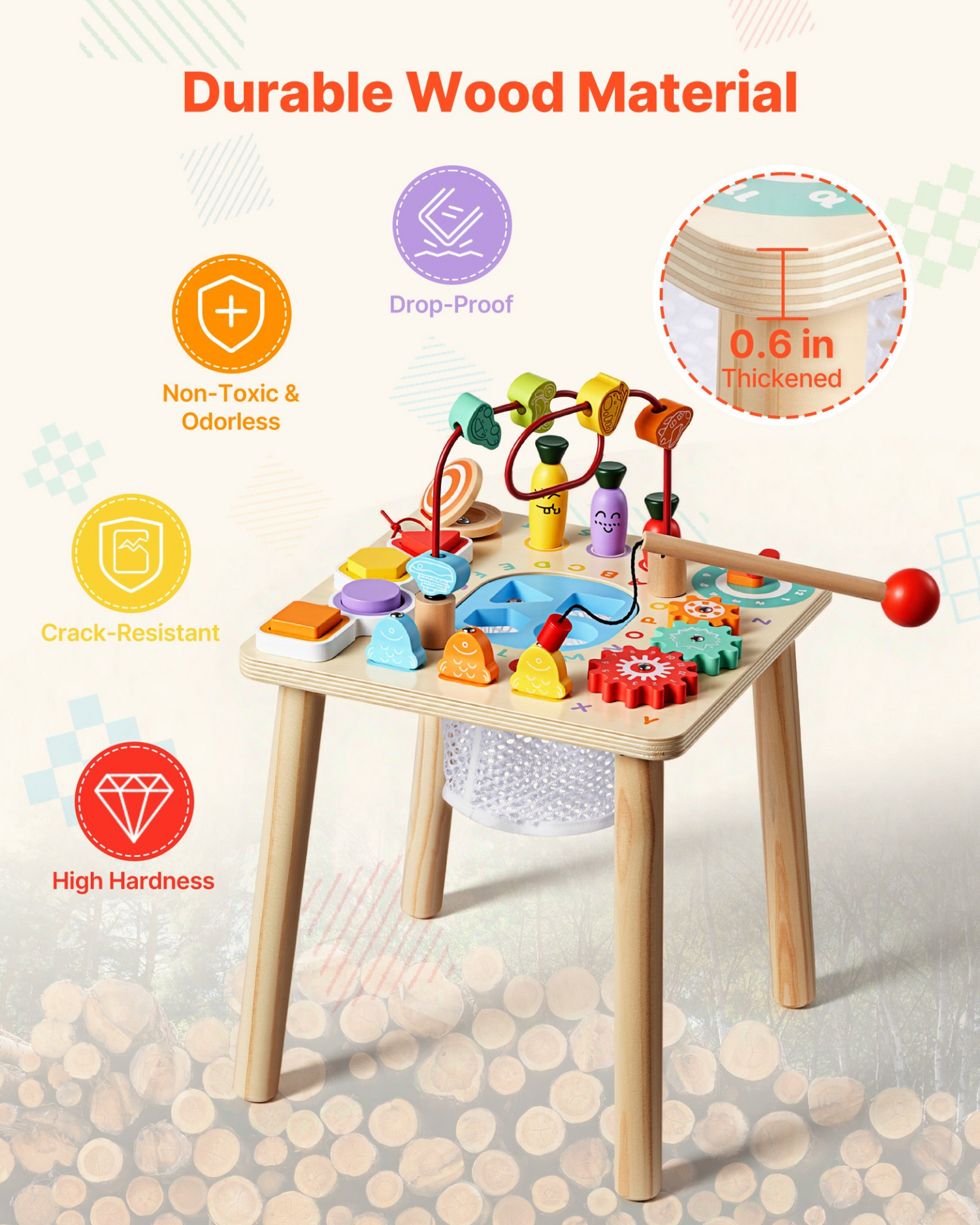 Start2Finish VEVOR Montessori activity table for toddlers, wooden 8-in-1 play desk for kids 6+ months, educational toy for children.