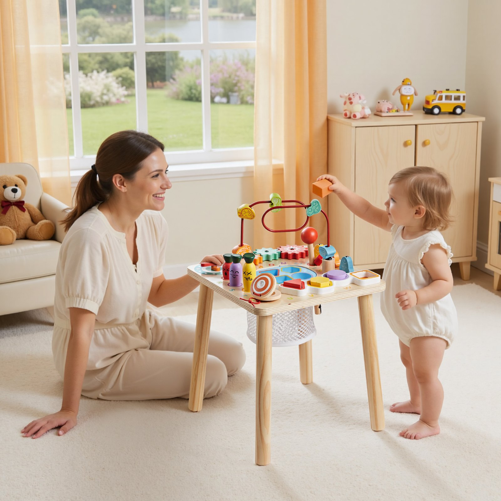 Start2Finish Montessori activity table for toddlers, wooden 8-in-1 play desk for children 6+ months, ideal for early learning and play.