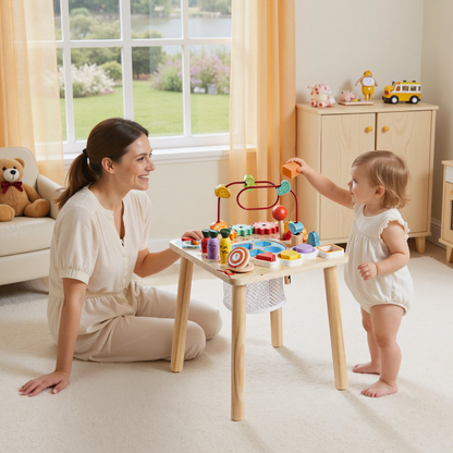 Start2Finish Montessori activity table for toddlers, wooden 8-in-1 play desk for children 6+ months, ideal for early learning and play.