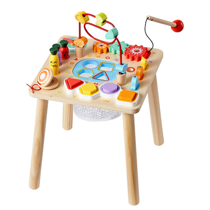 Start2Finish Montessori activity table for toddlers, wooden 8-in-1 play desk for children 6 months and up, ideal for learning and play.
