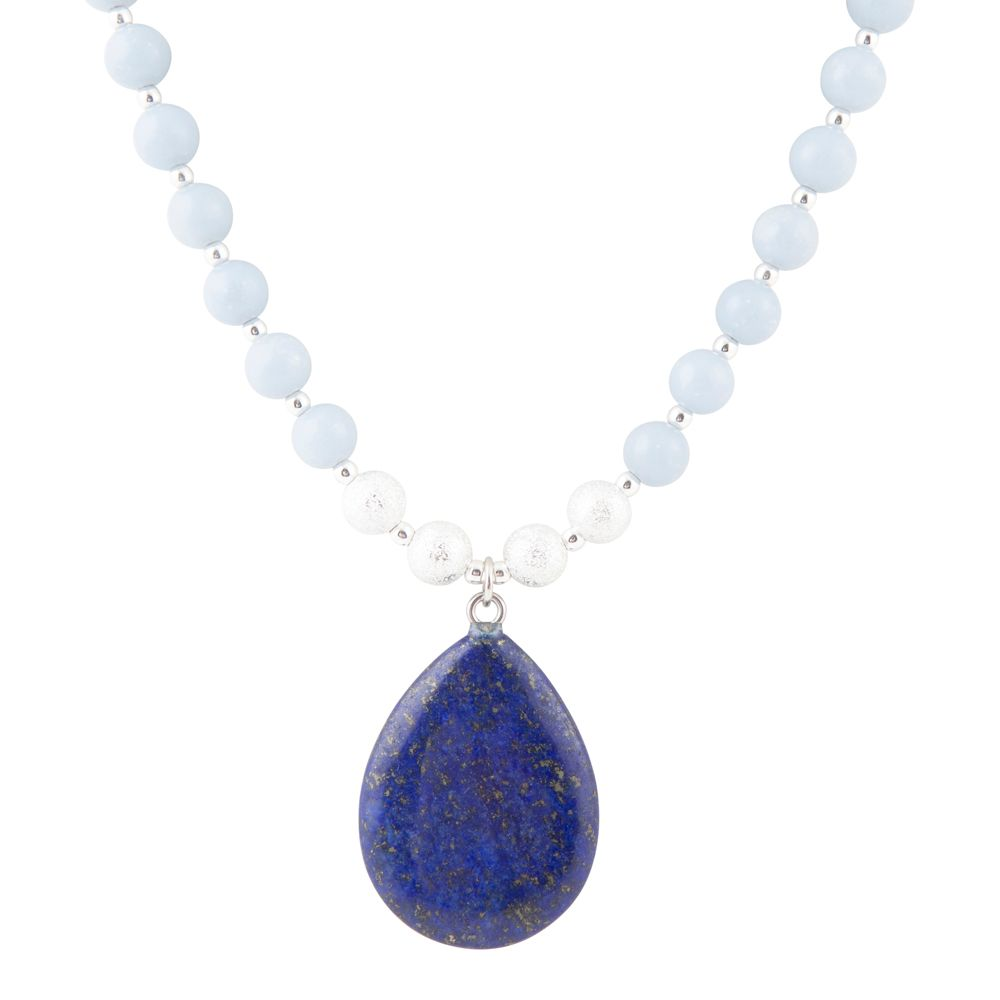 Start2Finish denim blue angelite and lapis pendant silver necklace with intricate design and polished finish.