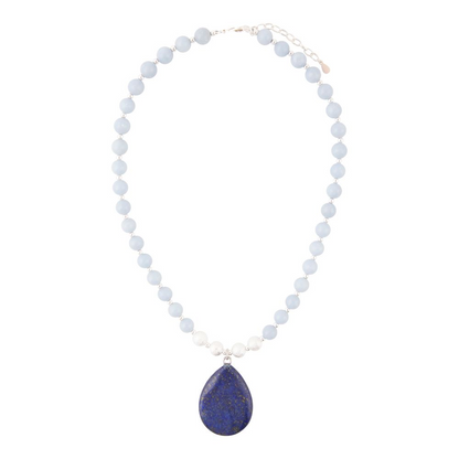 Denim blue angelite and lapis pendant silver necklace, handcrafted jewelry with vibrant blue gemstone accents.