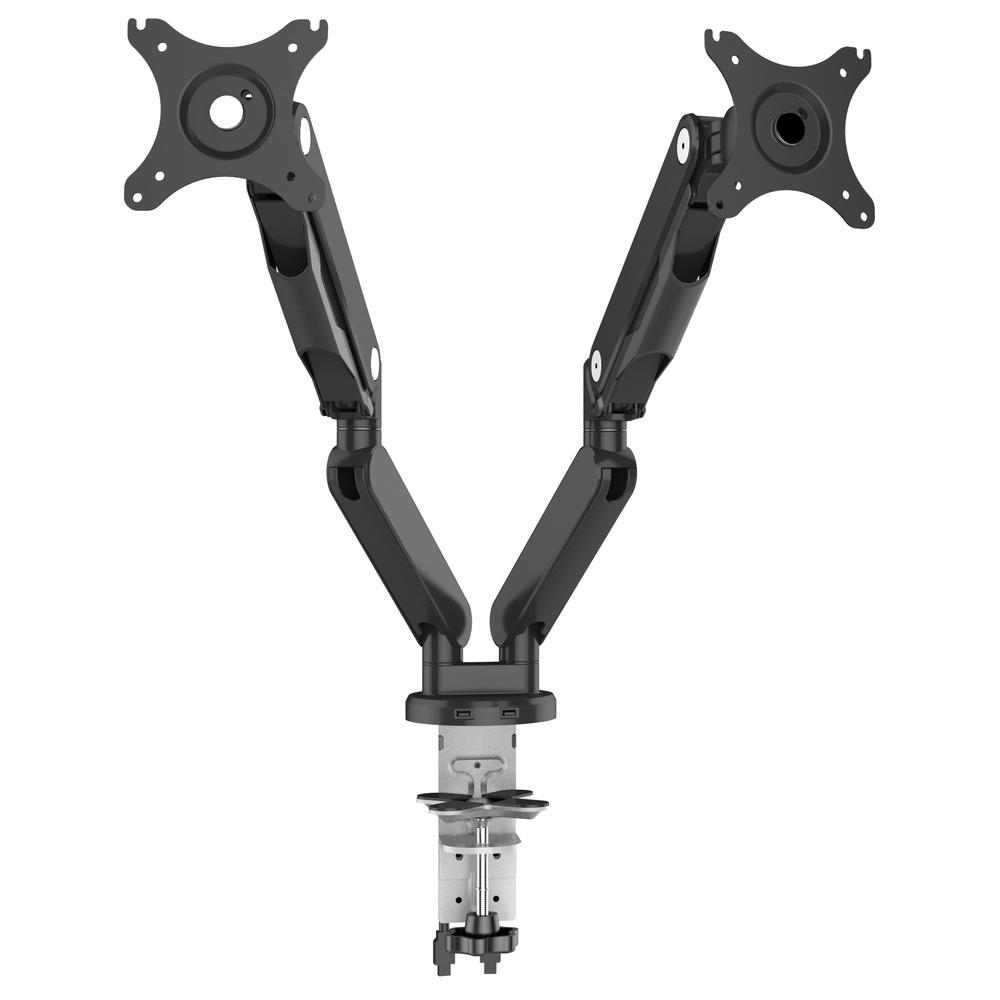 Start2Finish double monitor arm holding two screens 17-30 inches in black finish, adjustable with sleek design.