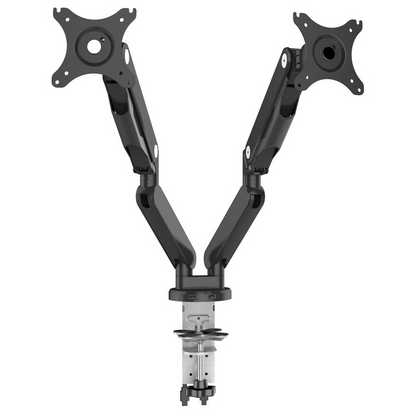 Start2Finish double monitor arm holding two screens 17-30 inches in black finish, adjustable with sleek design.