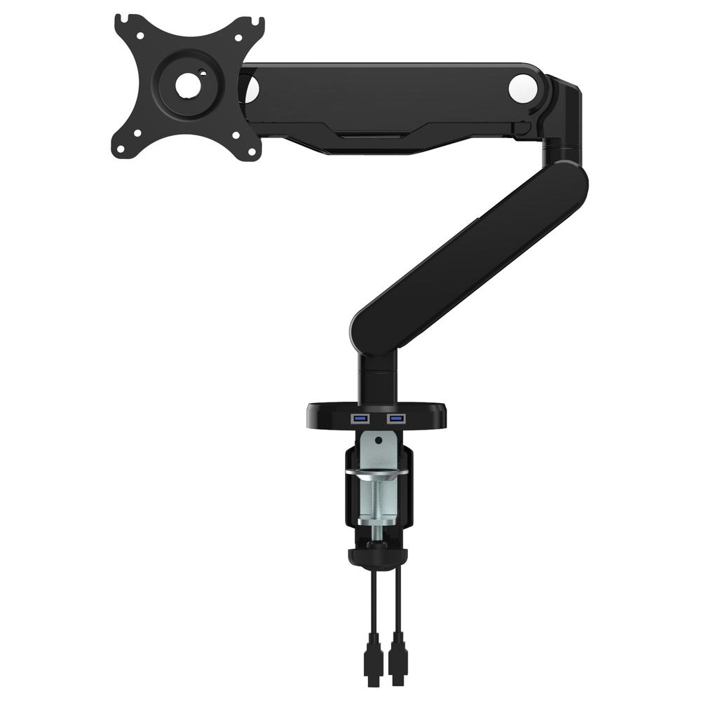 Start2Finish black single monitor arm with dual USB 3.0 ports, adjustable with sleek design for ergonomic computer setup.