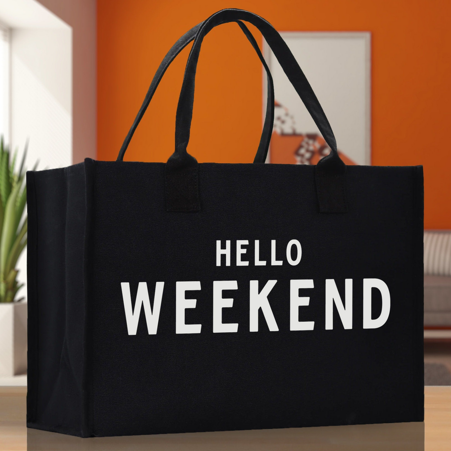 Start2Finish Hello Weekend cotton canvas beach tote bag with spacious design, perfect for outdoor, vacation, and weekend trips.