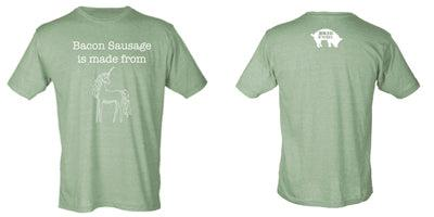 Start2Finish bacon and sausage themed graphic T-shirt, casual apparel with humorous food print on the front.