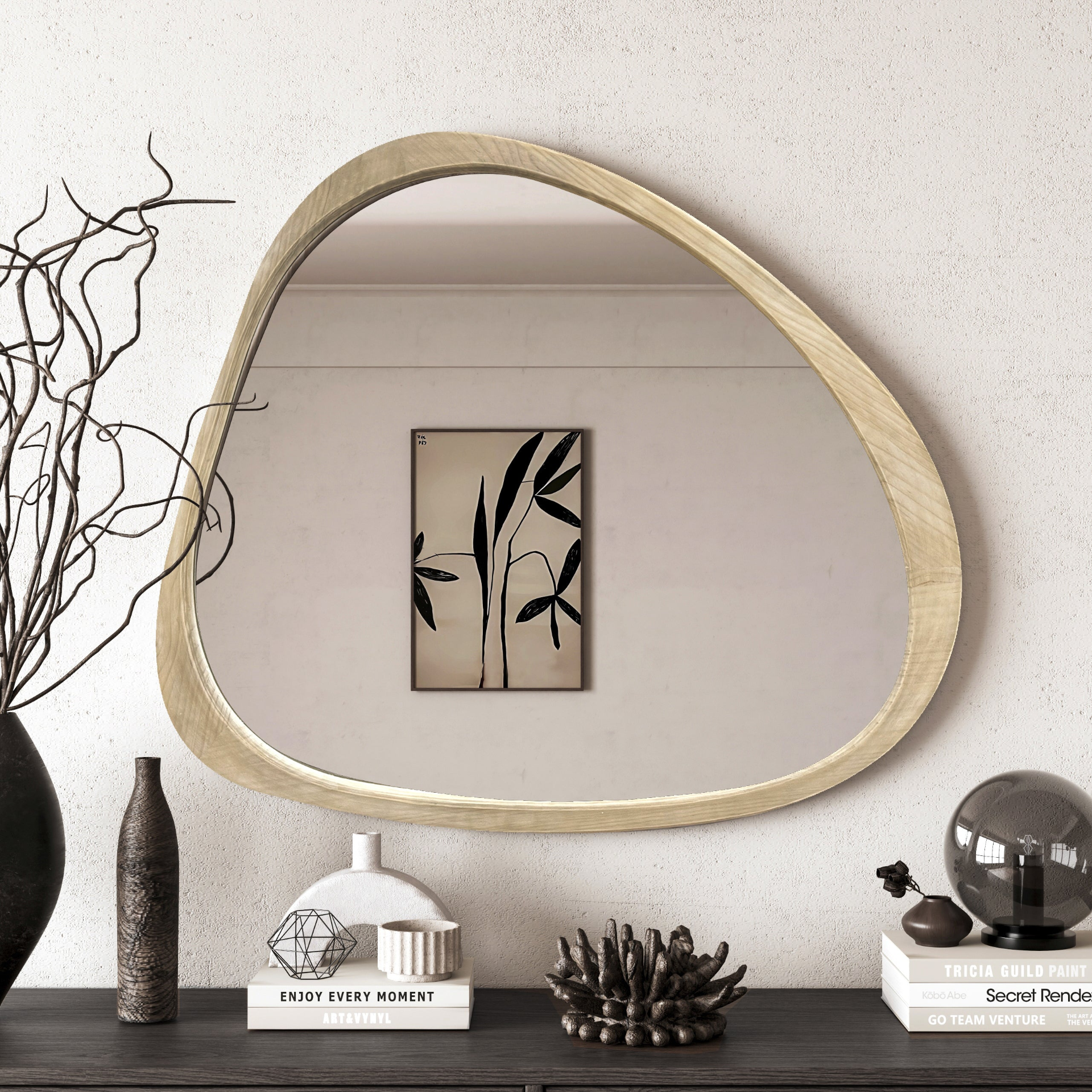 Start2Finish solid wood asymmetrical wall mirror with wooden frame, ideal for living room or bedroom decor.