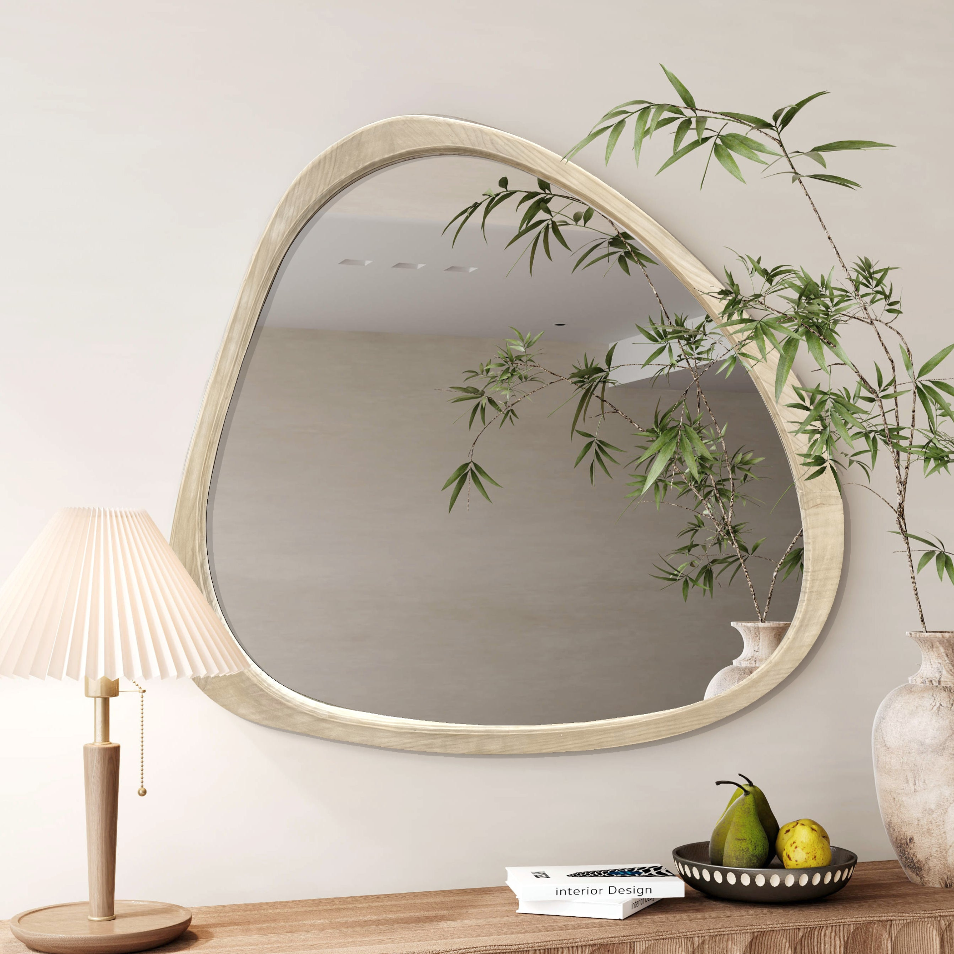 Start2Finish solid wood asymmetrical wall mirror with wooden frame, suitable for living room or bedroom decor.