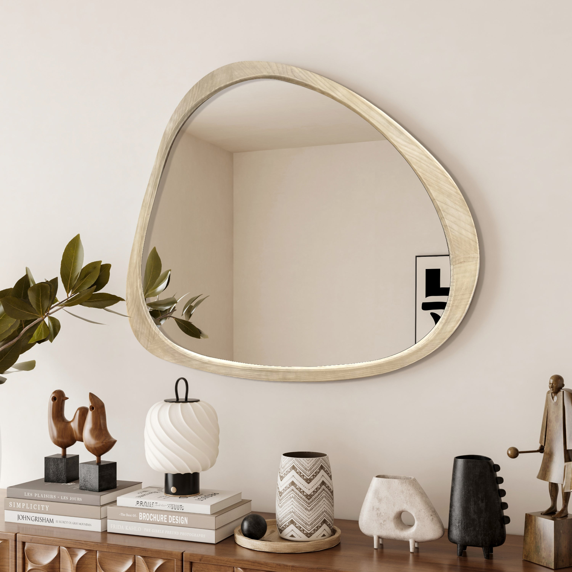 Start2Finish solid wood asymmetrical wall mirror with wooden frame, ideal for living room or bedroom decor.