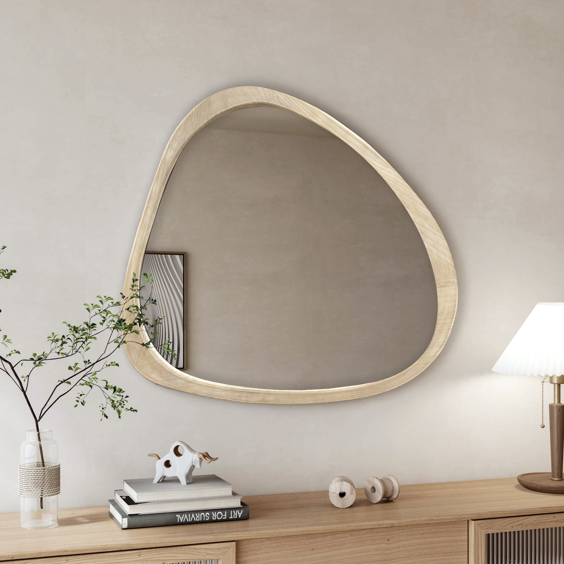 Solid wood asymmetrical wall mirror with wooden frame, ideal for living room or bedroom decor by Start2Finish.