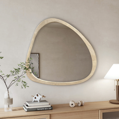 Solid wood asymmetrical wall mirror with wooden frame, ideal for living room or bedroom decor by Start2Finish.