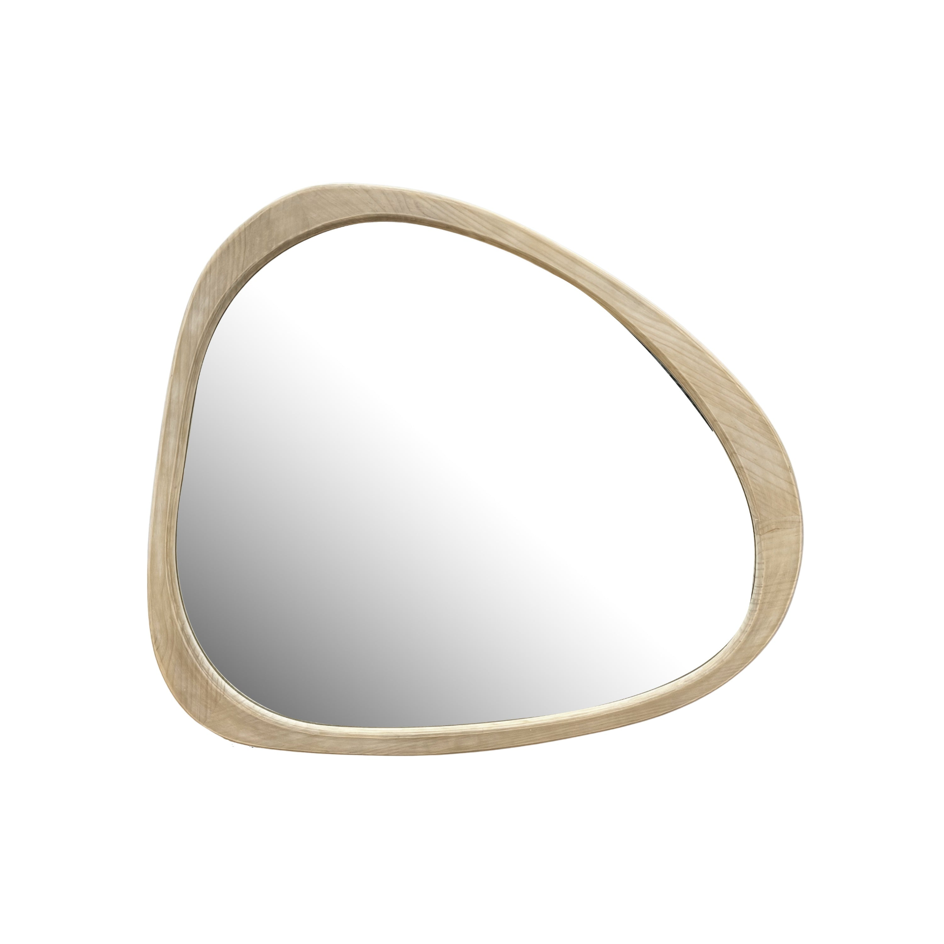 Solid wood asymmetrical wall mirror with wooden frame, ideal for living room or bedroom decor, by Start2Finish