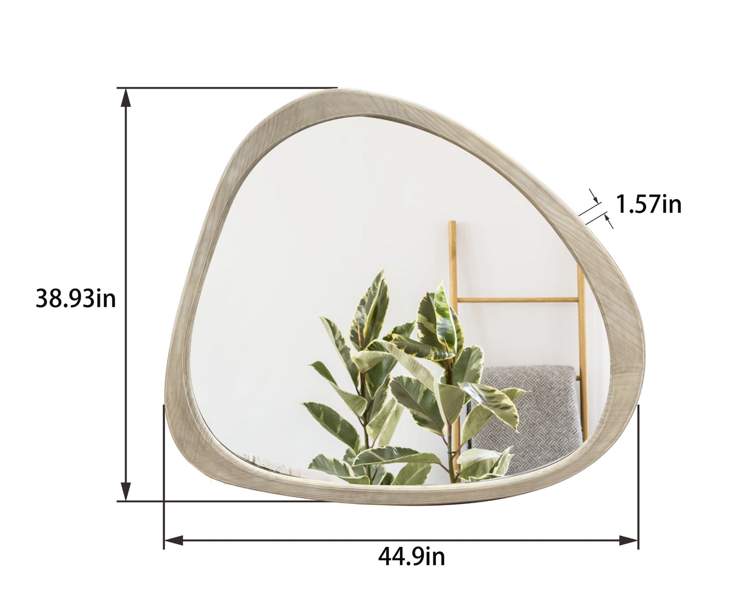 Solid wood asymmetrical wall mirror with wooden frame, designed for living rooms and bedrooms, by Start2Finish.