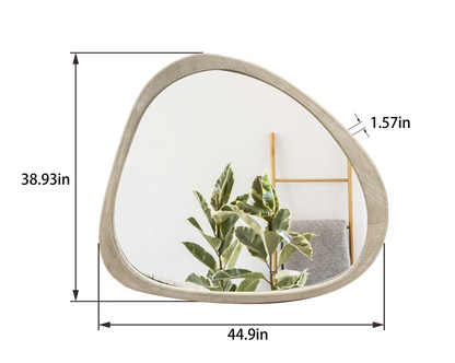 Solid wood asymmetrical wall mirror with wooden frame, designed for living rooms and bedrooms, by Start2Finish.