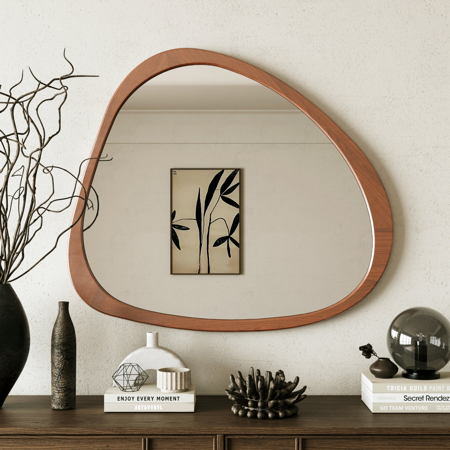 Solid wood asymmetrical wall mirror with wooden frame, ideal for living room or bedroom decor by Start2Finish