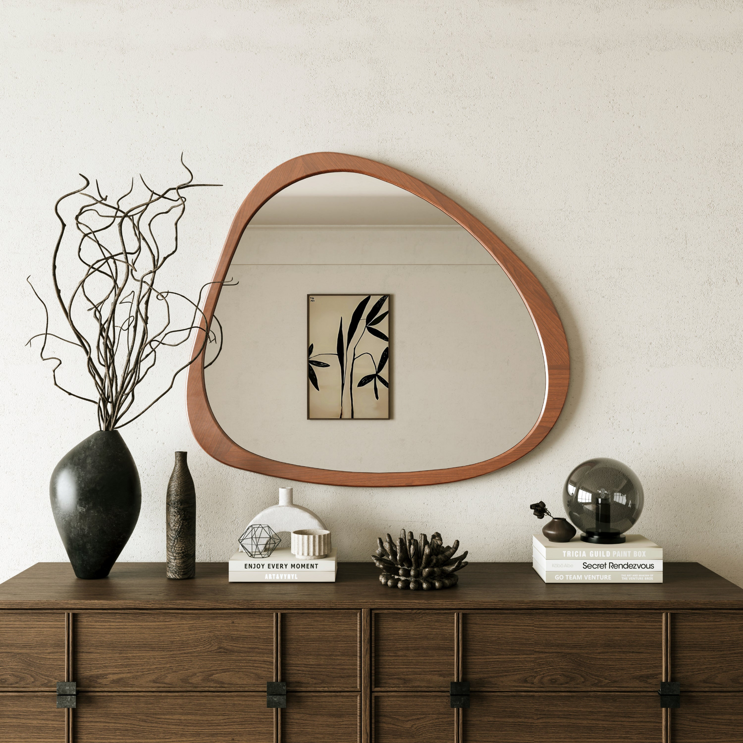 Solid wood asymmetrical wall mirror with wooden frame, ideal for living room or bedroom decor from Start2Finish.