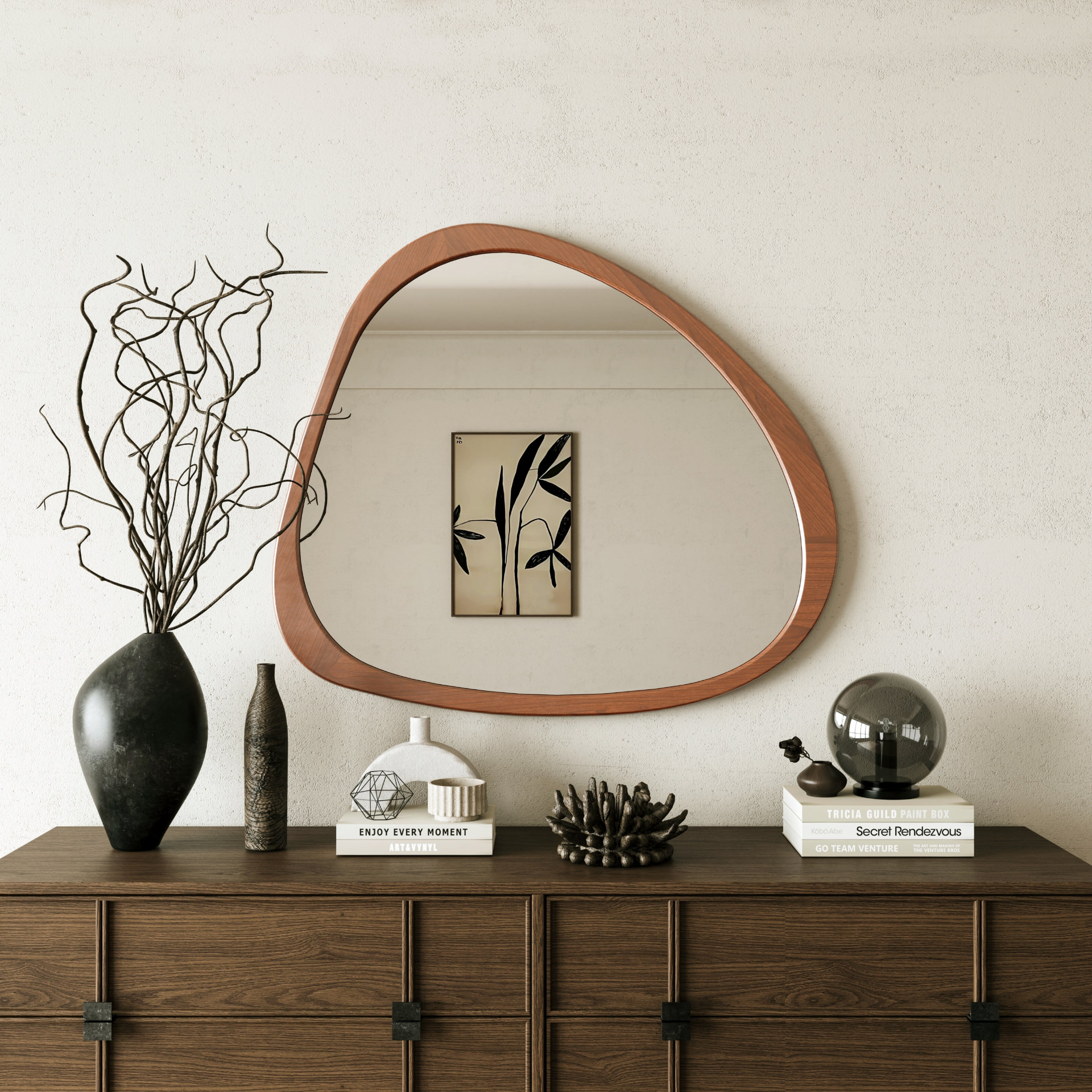 Solid wood asymmetrical wall mirror with wooden frame, ideal for living room or bedroom decor from Start2Finish.