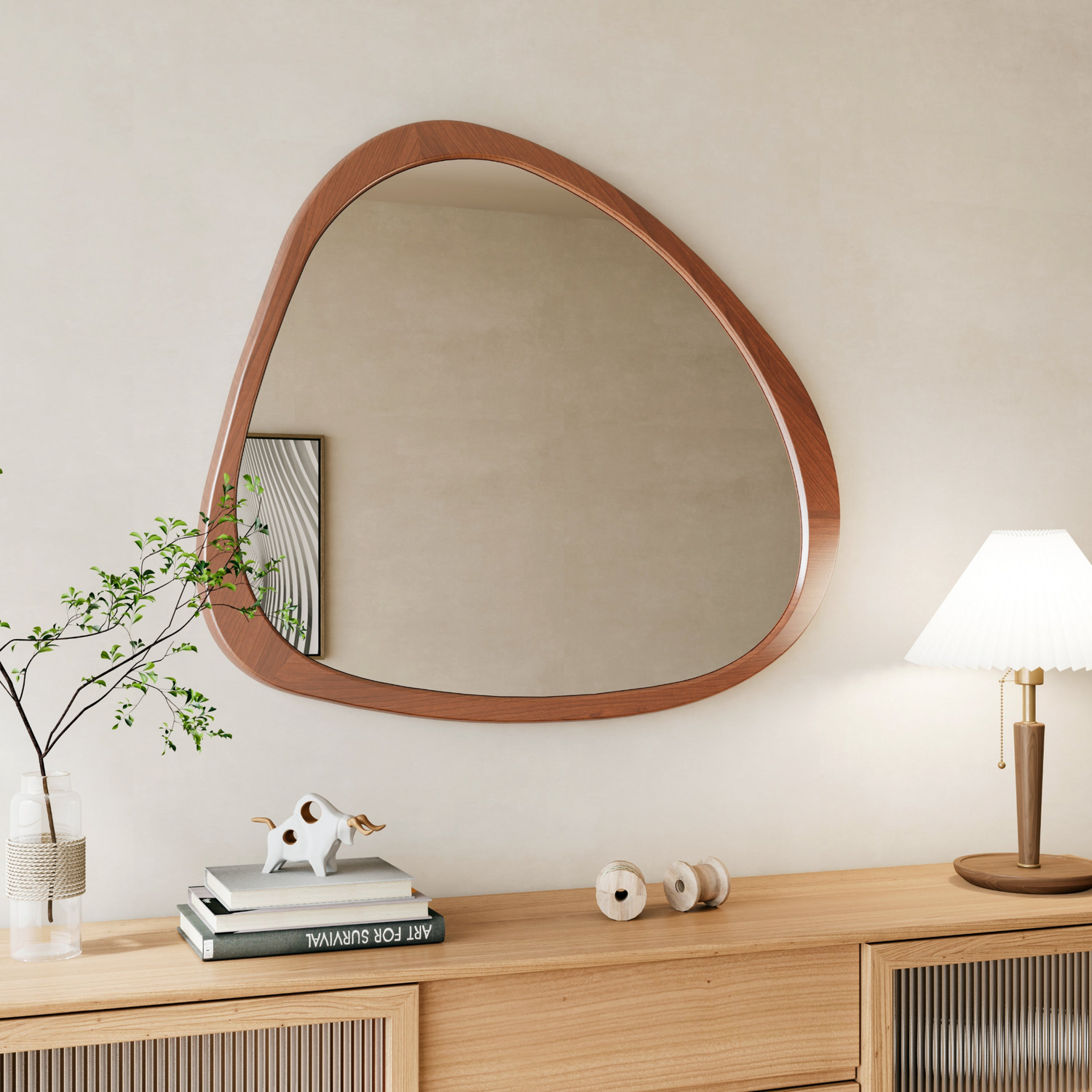 Solid wood asymmetrical wall mirror with wooden frame, ideal for living room or bedroom decor by Start2Finish