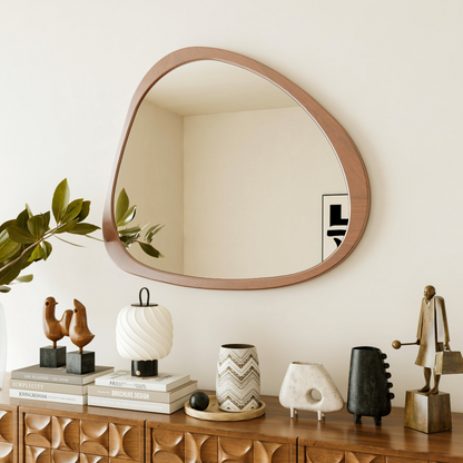 Solid wood asymmetrical wall mirror with wooden frame, ideal for living room or bedroom decor by Start2Finish