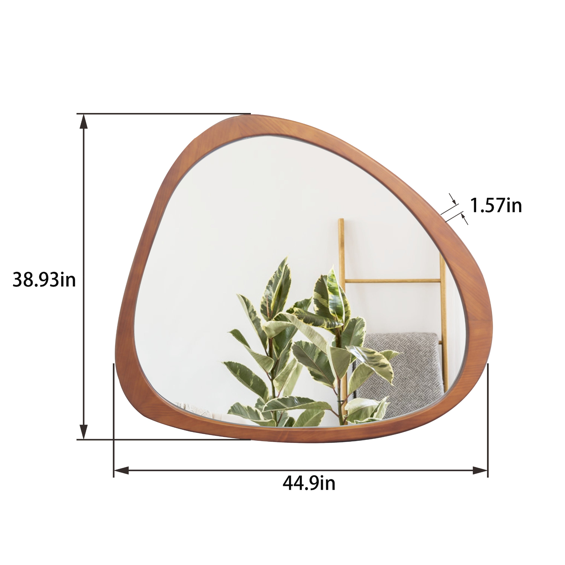 Solid wood asymmetrical wall mirror with wooden frame, suitable for living room or bedroom decor.