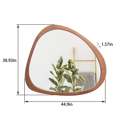 Solid wood asymmetrical wall mirror with wooden frame, suitable for living room or bedroom decor.