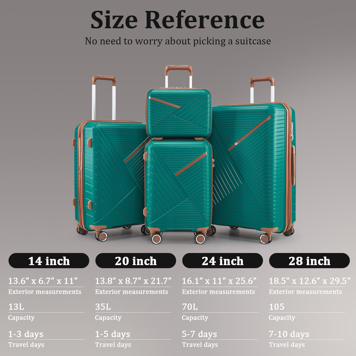 Expandable lightweight 4-piece luggage set by Start2Finish with double 360° spinner wheels and TSA locks, shown in the image.