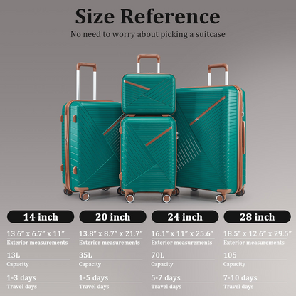 Expandable lightweight 4-piece luggage set by Start2Finish with double 360° spinner wheels and TSA locks, shown in the image.