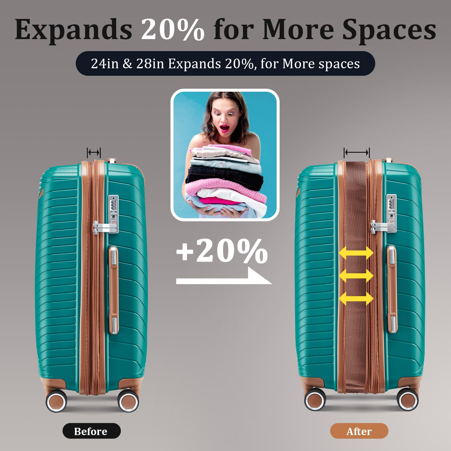Start2Finish lightweight 4-piece expandable luggage set with double 360° spinner wheels and TSA lock, shown in various sizes.