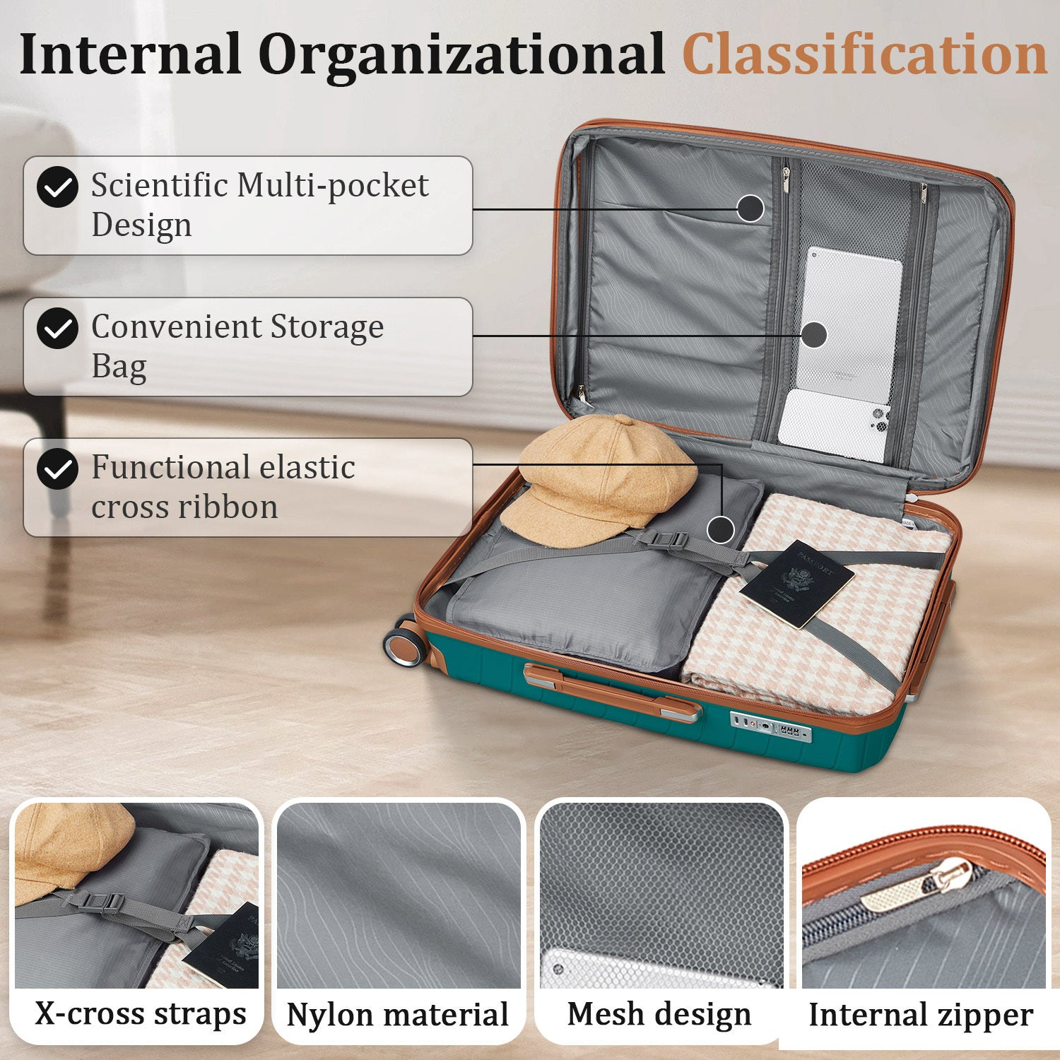 Start2Finish expandable lightweight 4-piece luggage set with double 360° spinner wheels and TSA lock, shown in blue with open cases.