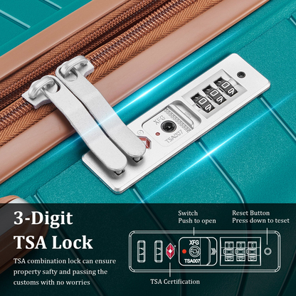 Start2Finish expandable lightweight 4-piece luggage set with double 360° spinner wheels and TSA lock, carrying accessories for travel.